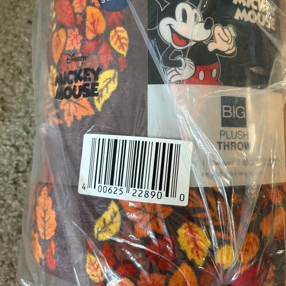 Disney Mickey Mouse Head Fall Leaves Fleece Blanket NEW Oversized 60x72” Brown